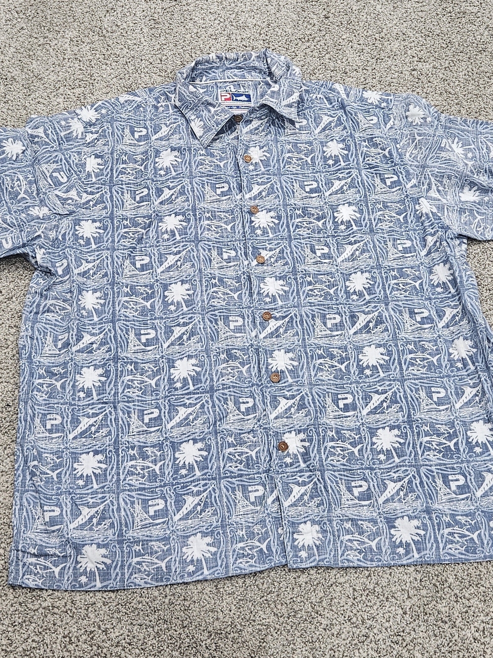 Pelagic Blue & White Tropical Print Short-Sleeve Button-Down Shirt